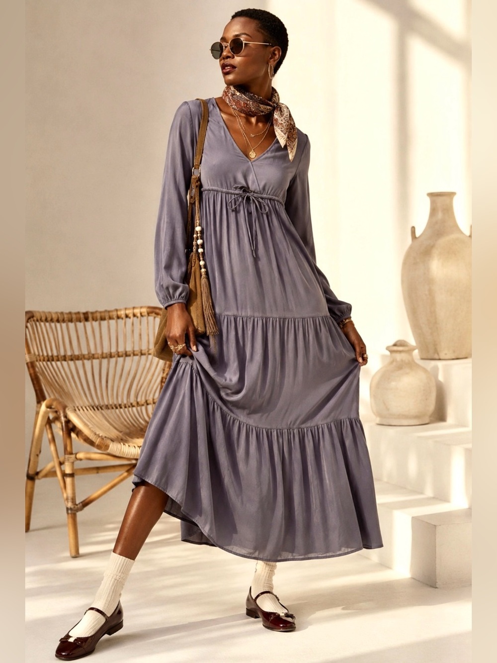 Organic Viscose Boho Maxi Dress Gray Tiered V Neck Adjustable Empire Waist S